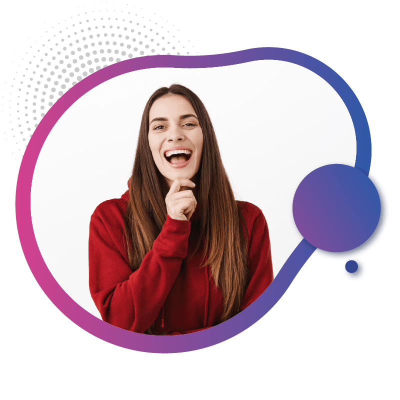 A woman in a red hoodie holds her finger to her lips in a gesture of silence, set against a colorful abstract background, symbolizing the simplicity and speed of instant eSIM activation in Australia